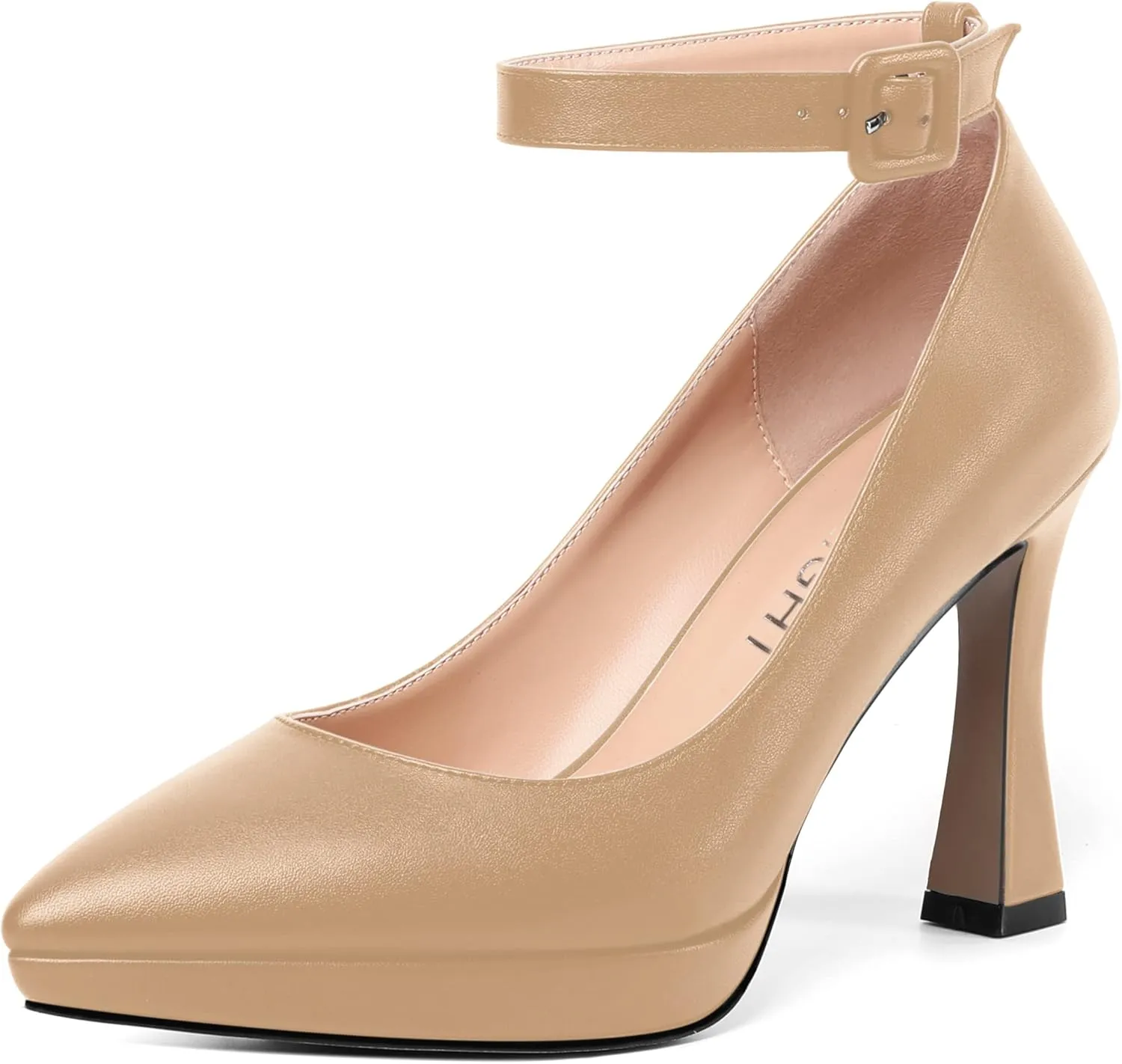 AMBELIGHT Womens Ankle Strap Dress Shoes Pointed Toe Evening Platform Buckle Matte Dress Chunky High Heel Pumps Shoes 4 Inch
