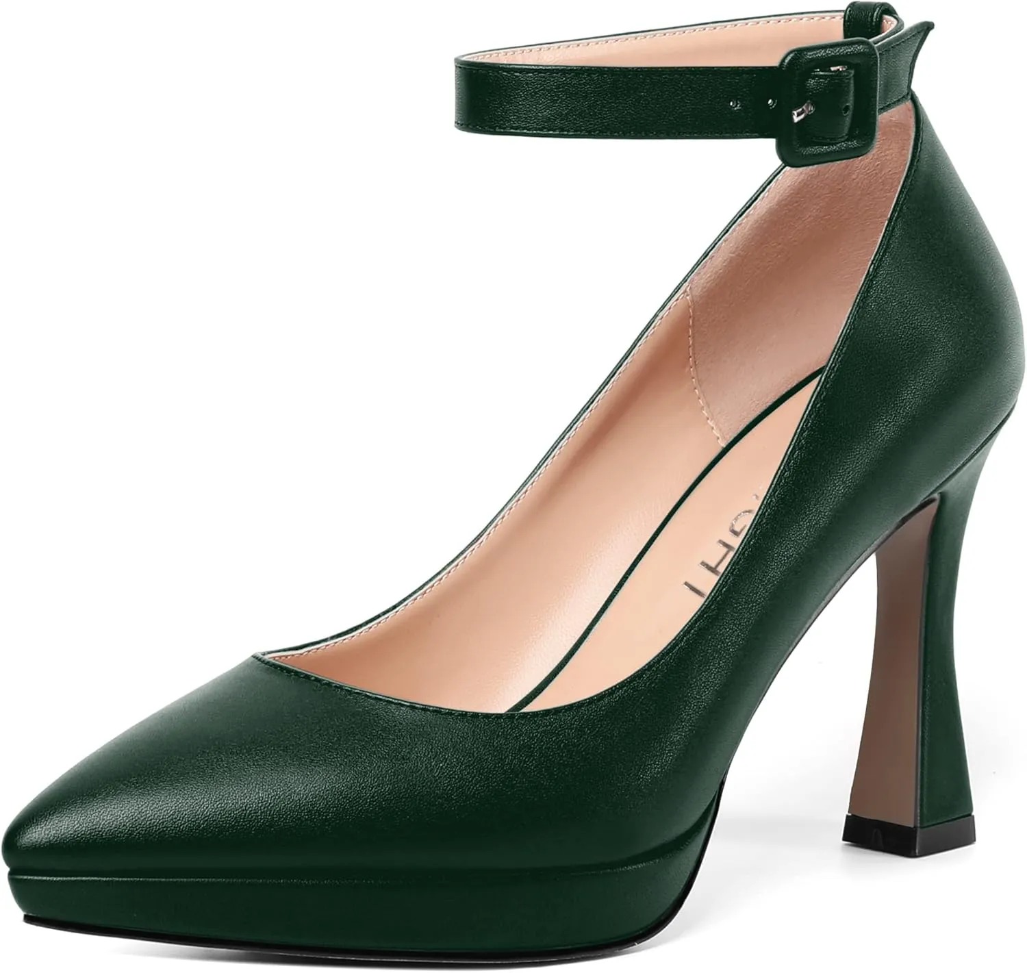 AMBELIGHT Womens Ankle Strap Dress Shoes Pointed Toe Evening Platform Buckle Matte Dress Chunky High Heel Pumps Shoes 4 Inch