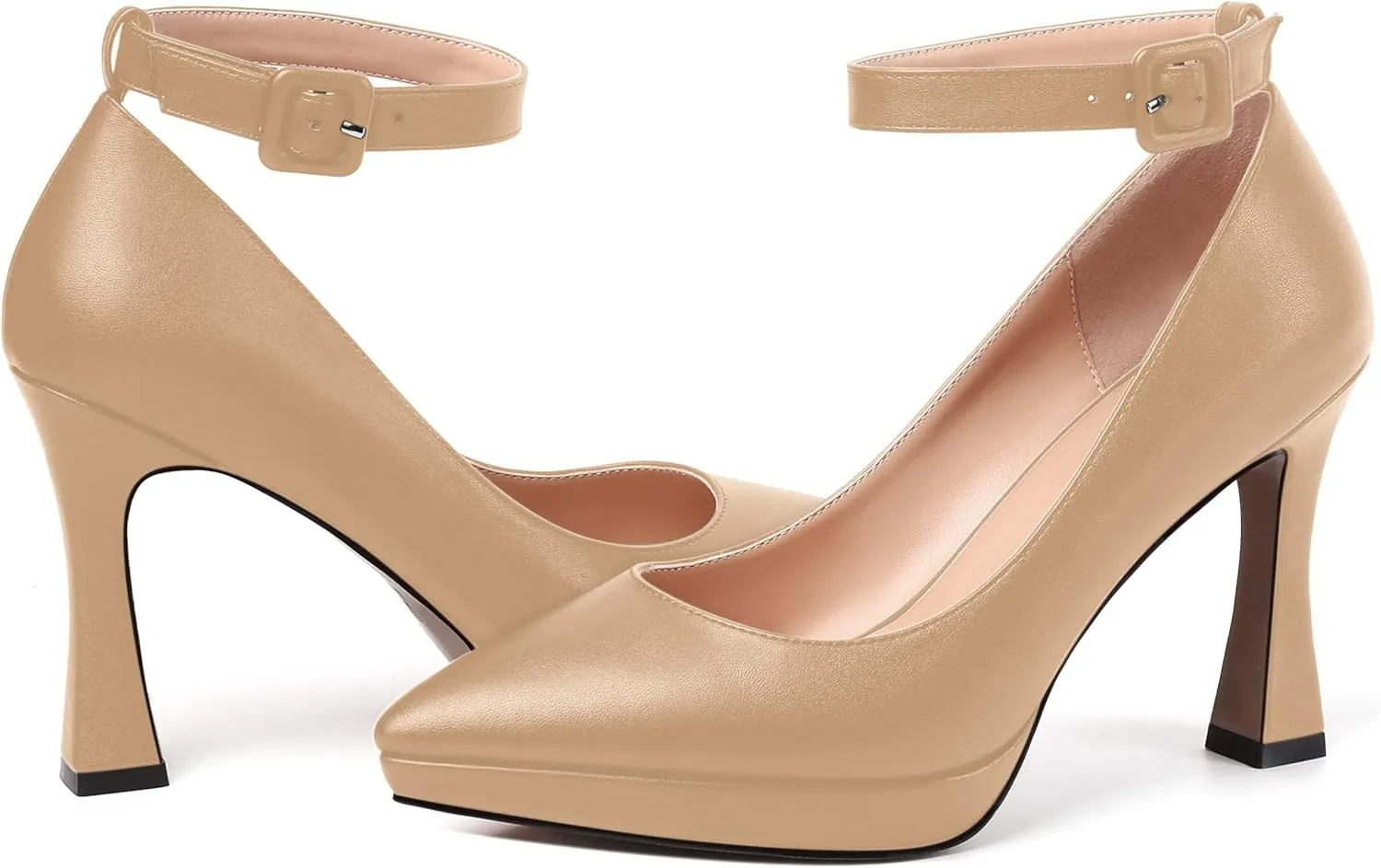 AMBELIGHT Womens Ankle Strap Dress Shoes Pointed Toe Evening Platform Buckle Matte Dress Chunky High Heel Pumps Shoes 4 Inch