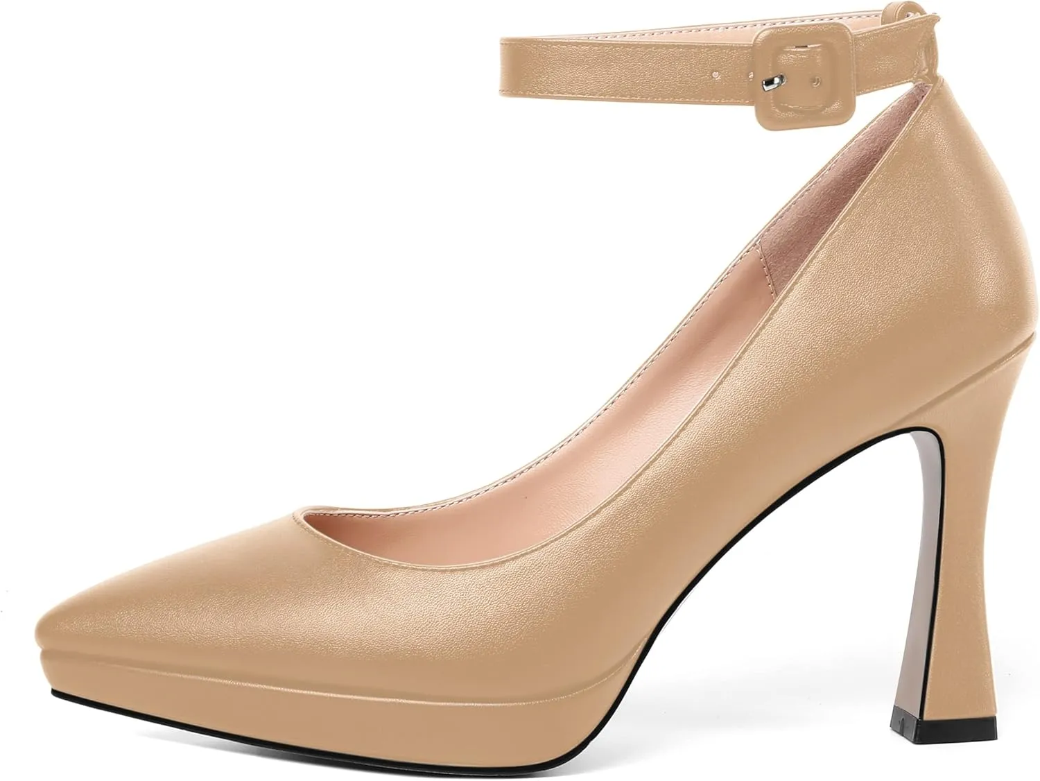 AMBELIGHT Womens Ankle Strap Dress Shoes Pointed Toe Evening Platform Buckle Matte Dress Chunky High Heel Pumps Shoes 4 Inch