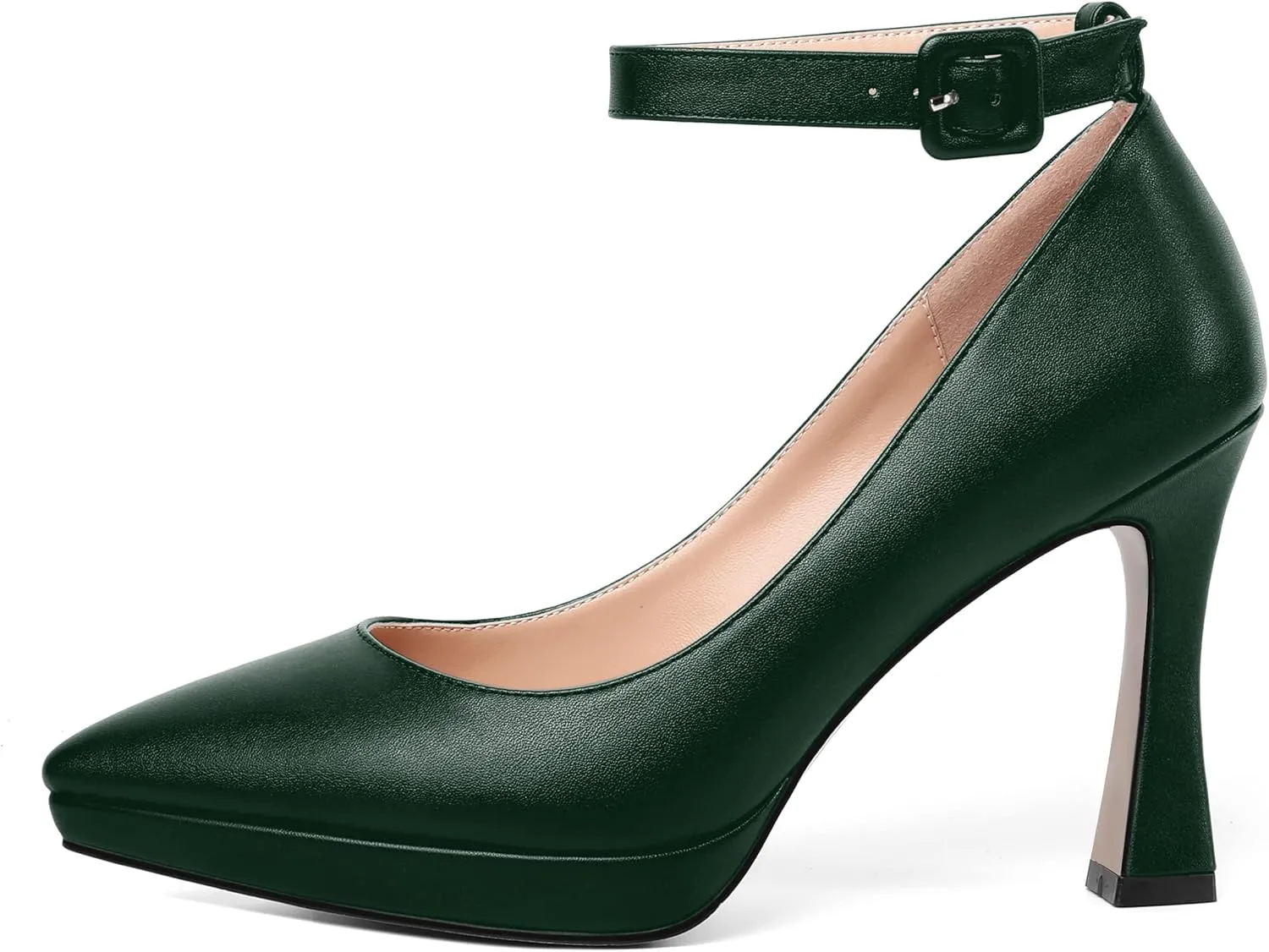 AMBELIGHT Womens Ankle Strap Dress Shoes Pointed Toe Evening Platform Buckle Matte Dress Chunky High Heel Pumps Shoes 4 Inch