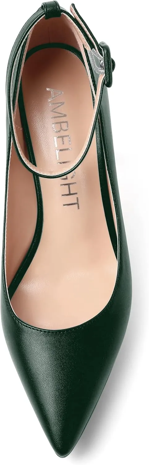 AMBELIGHT Womens Ankle Strap Dress Shoes Pointed Toe Evening Platform Buckle Matte Dress Chunky High Heel Pumps Shoes 4 Inch