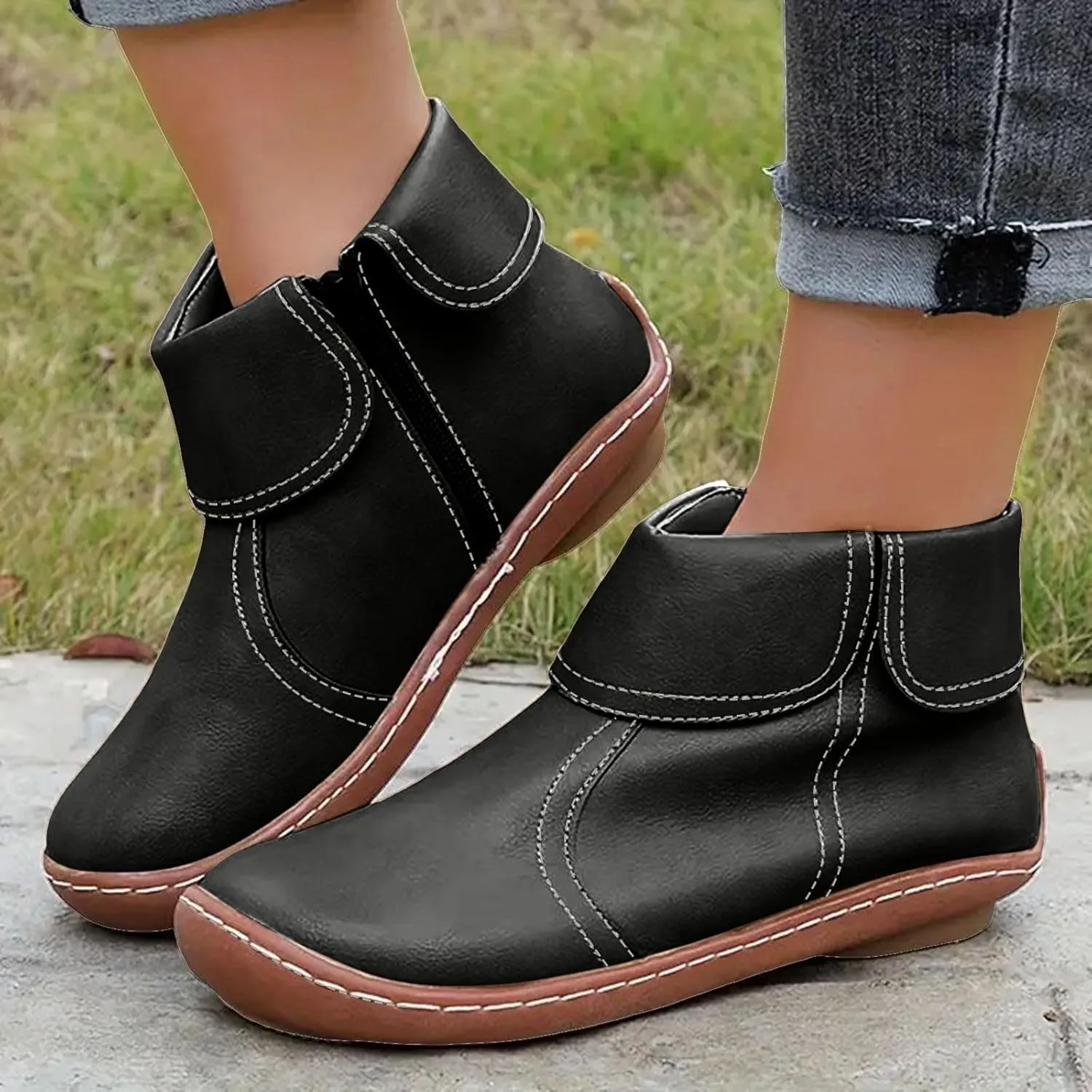 Ankle Boots for Women No Heel Side Zipper 2024 New Vintage Leather Dressy Arch Support Damping Leather Shoes Booties