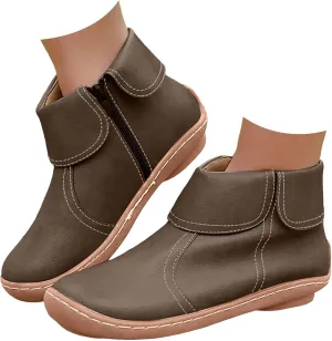 Ankle Boots for Women No Heel Side Zipper 2024 New Vintage Leather Dressy Arch Support Damping Leather Shoes Booties