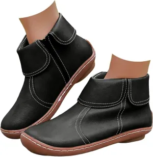 Ankle Boots for Women No Heel Side Zipper 2024 New Vintage Leather Dressy Arch Support Damping Leather Shoes Booties