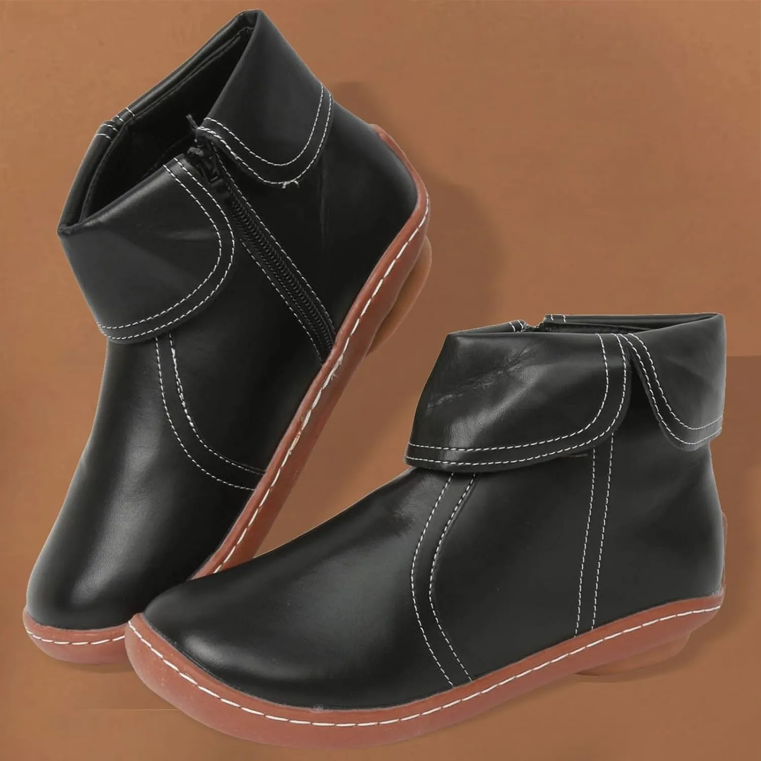 Ankle Boots for Women No Heel Side Zipper 2024 New Vintage Leather Dressy Arch Support Damping Leather Shoes Booties