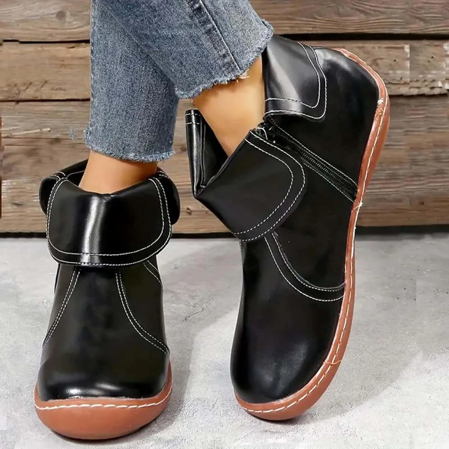 Ankle Boots for Women No Heel Side Zipper 2024 New Vintage Leather Dressy Arch Support Damping Leather Shoes Booties