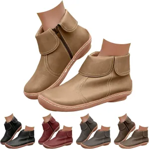 Ankle Boots for Women No Heel Side Zipper 2024 New Vintage Leather Dressy Arch Support Damping Leather Shoes Booties