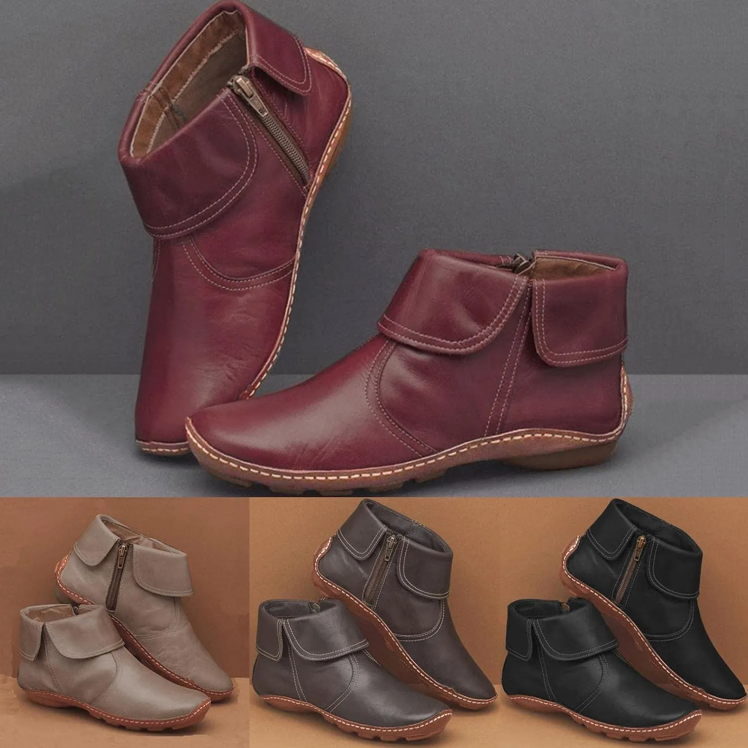 Ankle Boots for Women No Heel,2019 New Arch Support Boots Side Zipper Vintage Leather Damping Shoes Flat Heel Booties