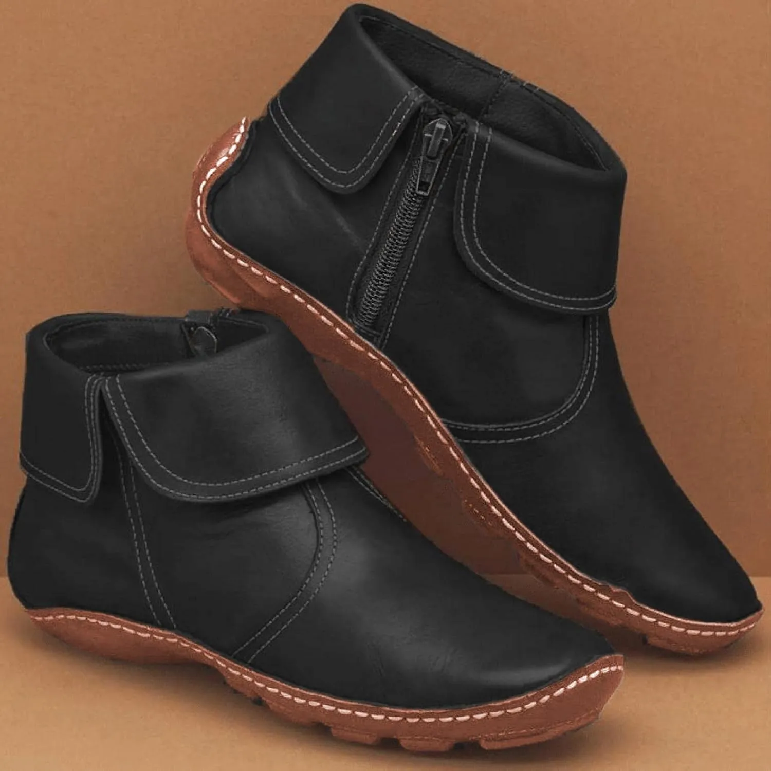 Ankle Boots for Women No Heel,2019 New Arch Support Boots Side Zipper Vintage Leather Damping Shoes Flat Heel Booties