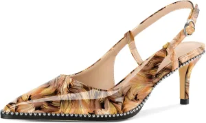 AUMOTED Floral Brown Kitten Heels for Womens Beaded Heels Pointed Toe Pumps Low Heel Floral Brown Heels Slingback Pumps Comfort Dress Shoes Patent Leather Floral Brown US Size 10