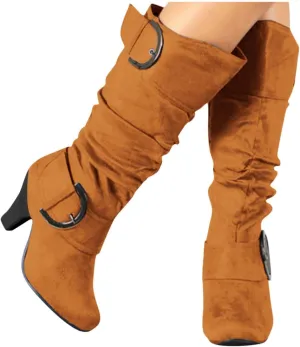 Bcshiye Women's Mid-Calf Boots Round Toe Low Heel Zipper Buckle Slouchy Wide Calf Wide Width Knee High Boots Shoes