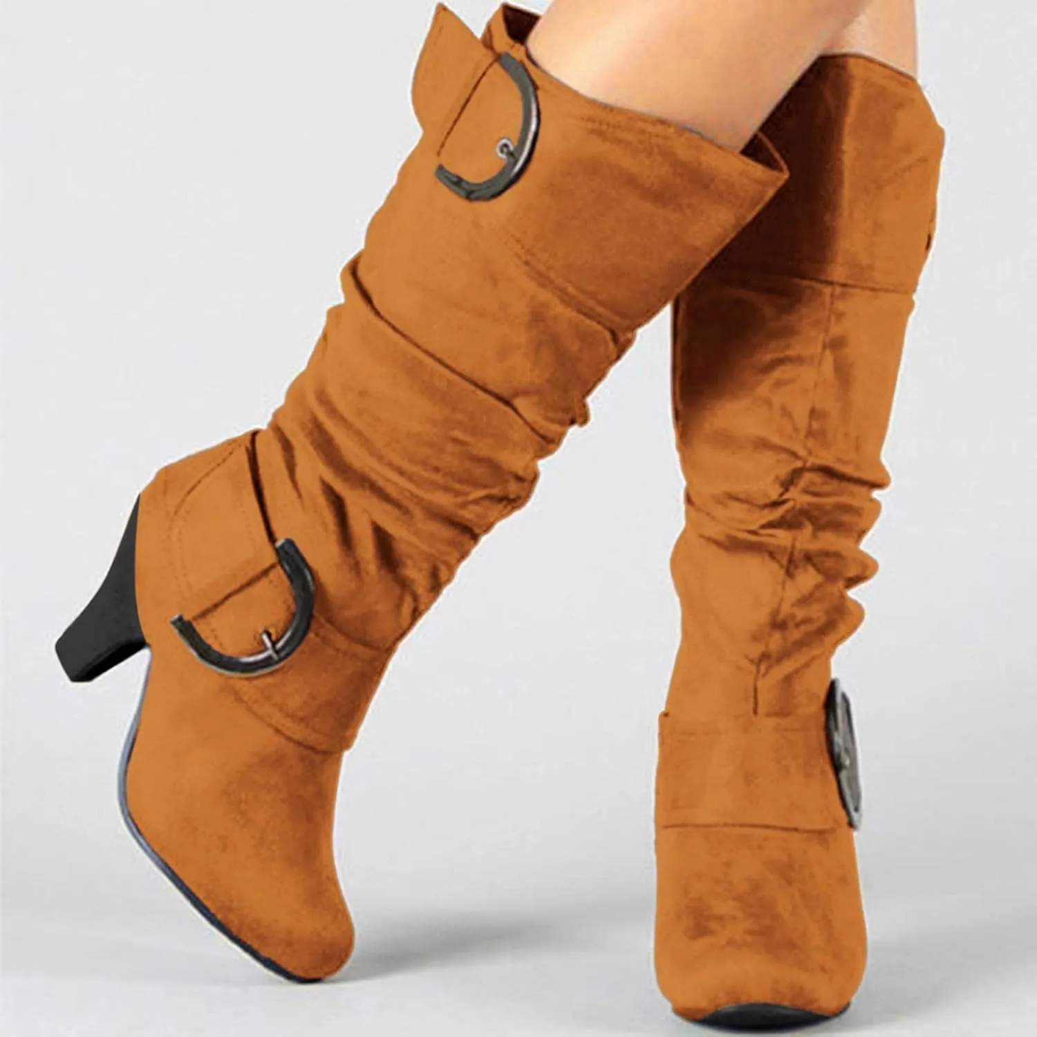 Bcshiye Women's Mid-Calf Boots Round Toe Low Heel Zipper Buckle Slouchy Wide Calf Wide Width Knee High Boots Shoes