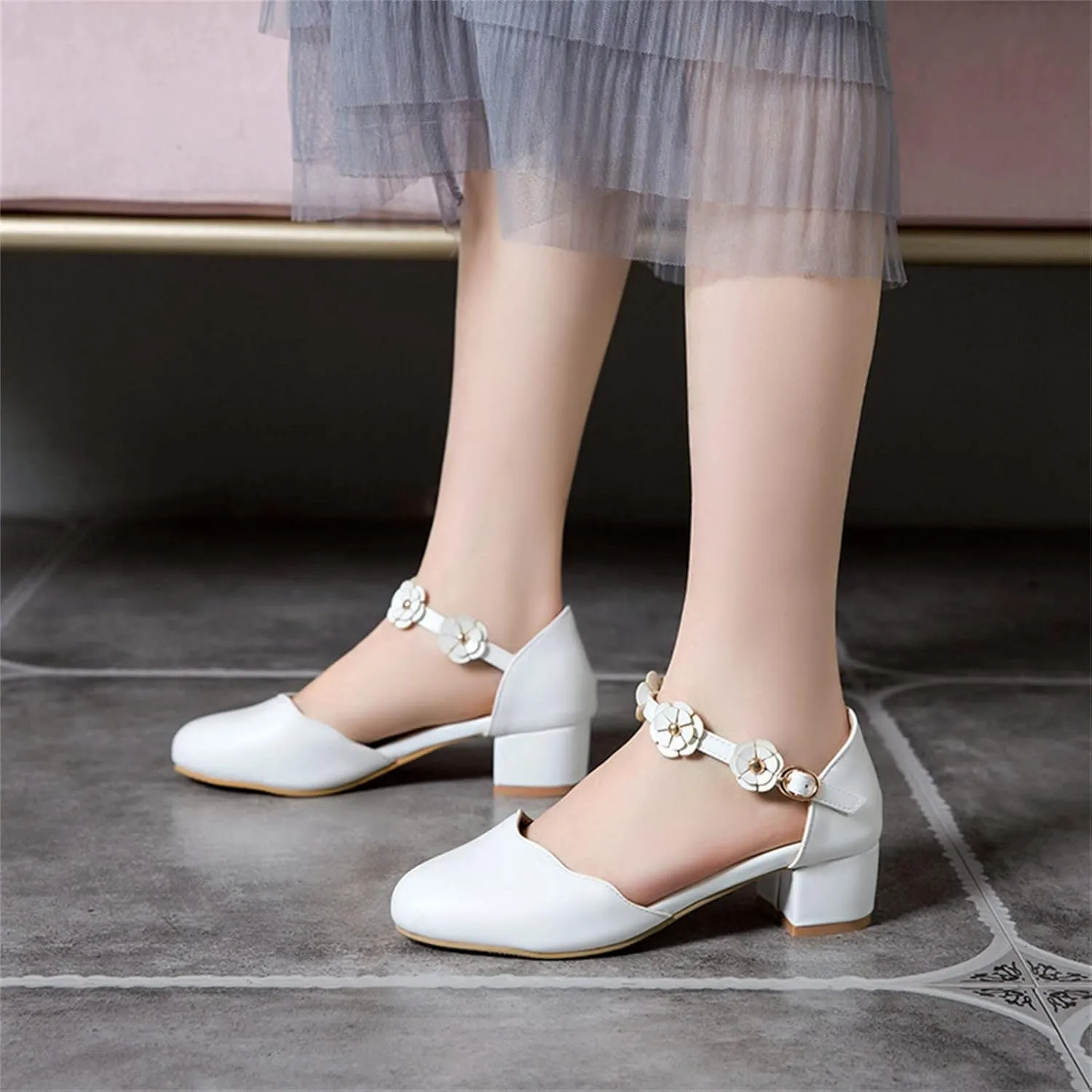 Big Kids Girls Mary Jane Dress Shoes Pumps Low Heels Flower High School Prom Shoes Pink Ballet Shoes
