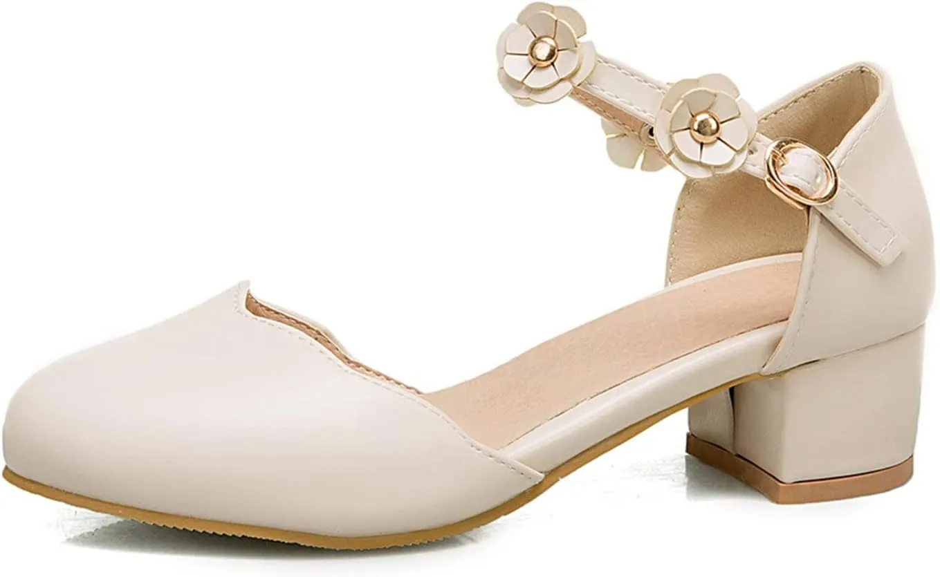 Big Kids Girls Mary Jane Dress Shoes Pumps Low Heels Flower High School Prom Shoes Pink Ballet Shoes