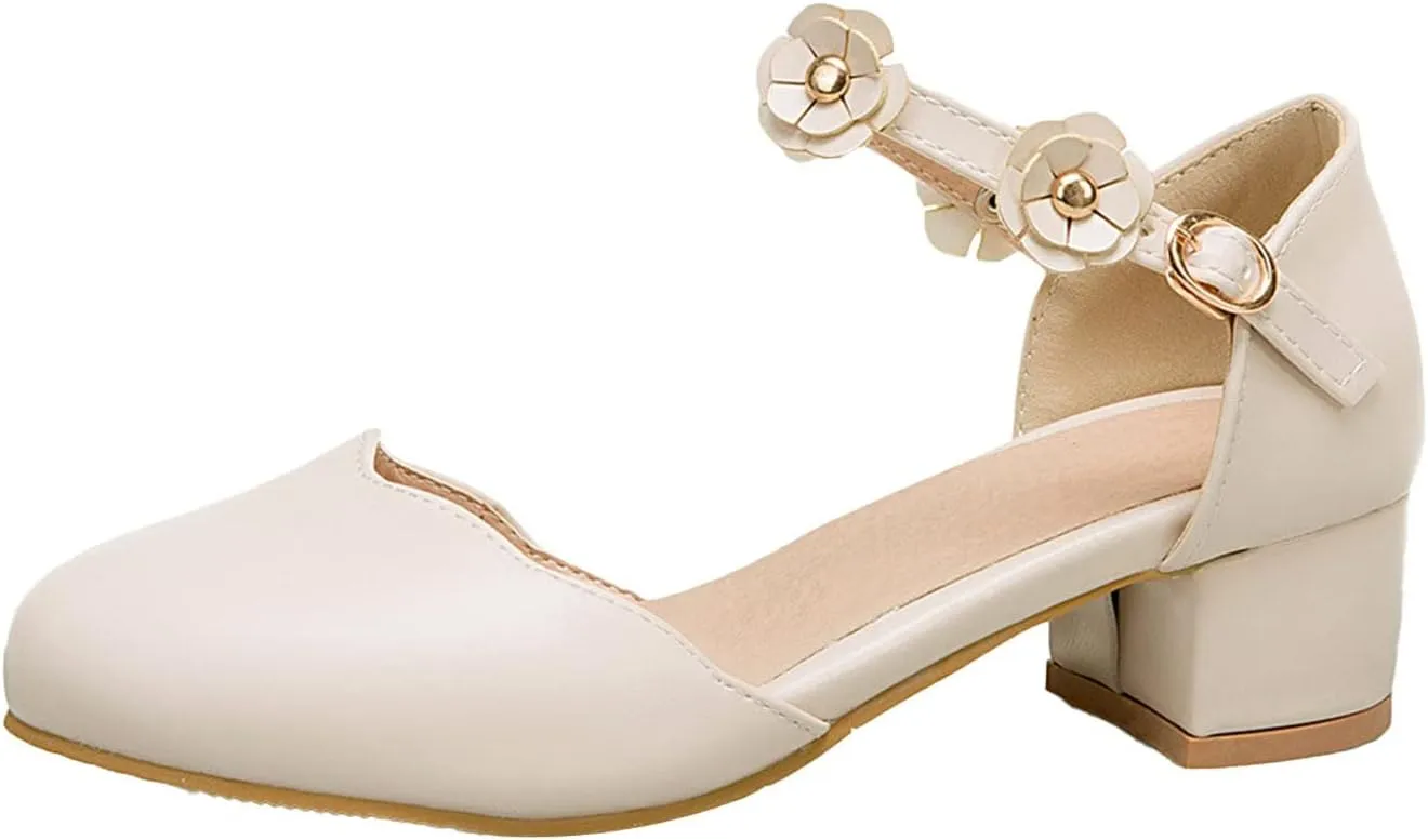 Big Kids Girls Mary Jane Dress Shoes Pumps Low Heels Flower High School Prom Shoes Pink Ballet Shoes