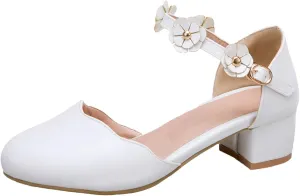 Big Kids Girls Mary Jane Dress Shoes Pumps Low Heels Flower High School Prom Shoes Pink Ballet Shoes