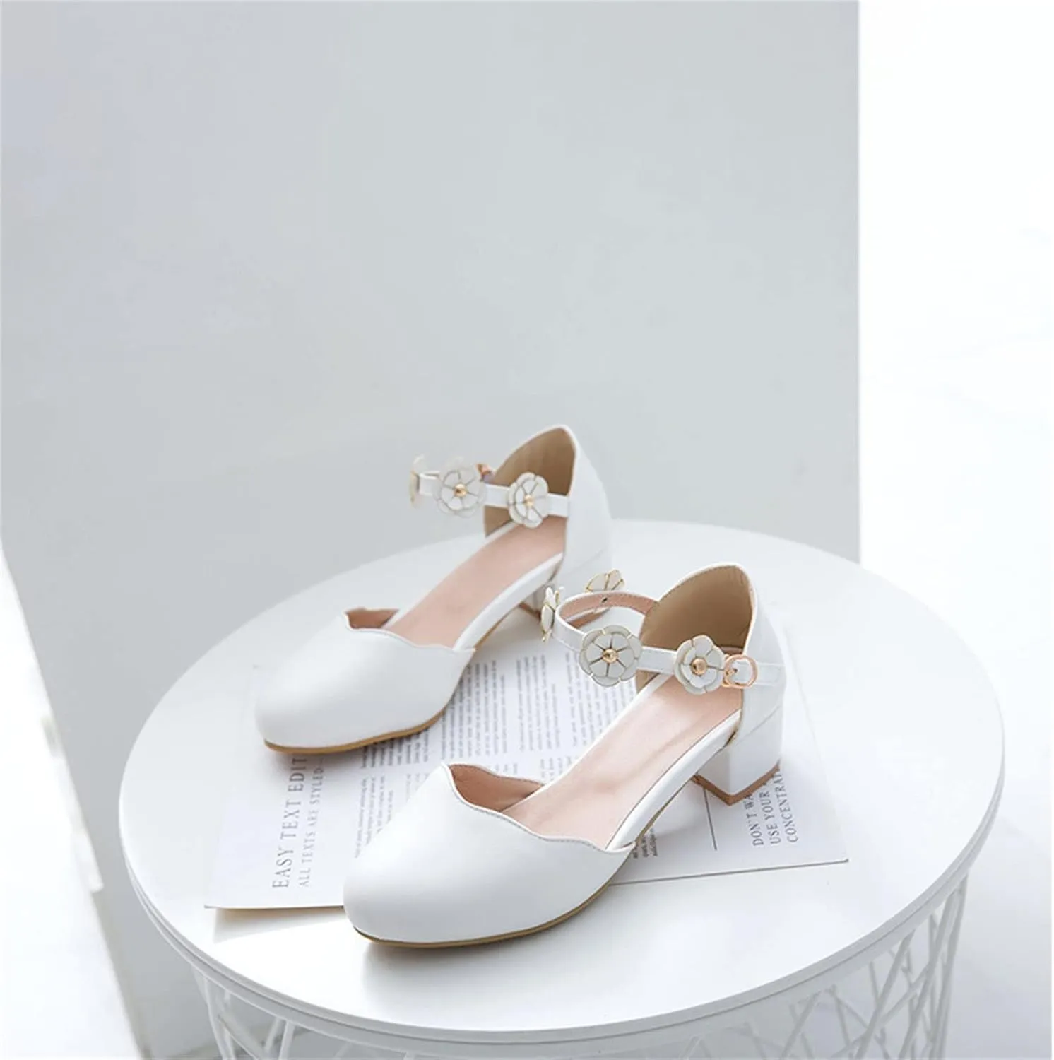 Big Kids Girls Mary Jane Dress Shoes Pumps Low Heels Flower High School Prom Shoes Pink Ballet Shoes