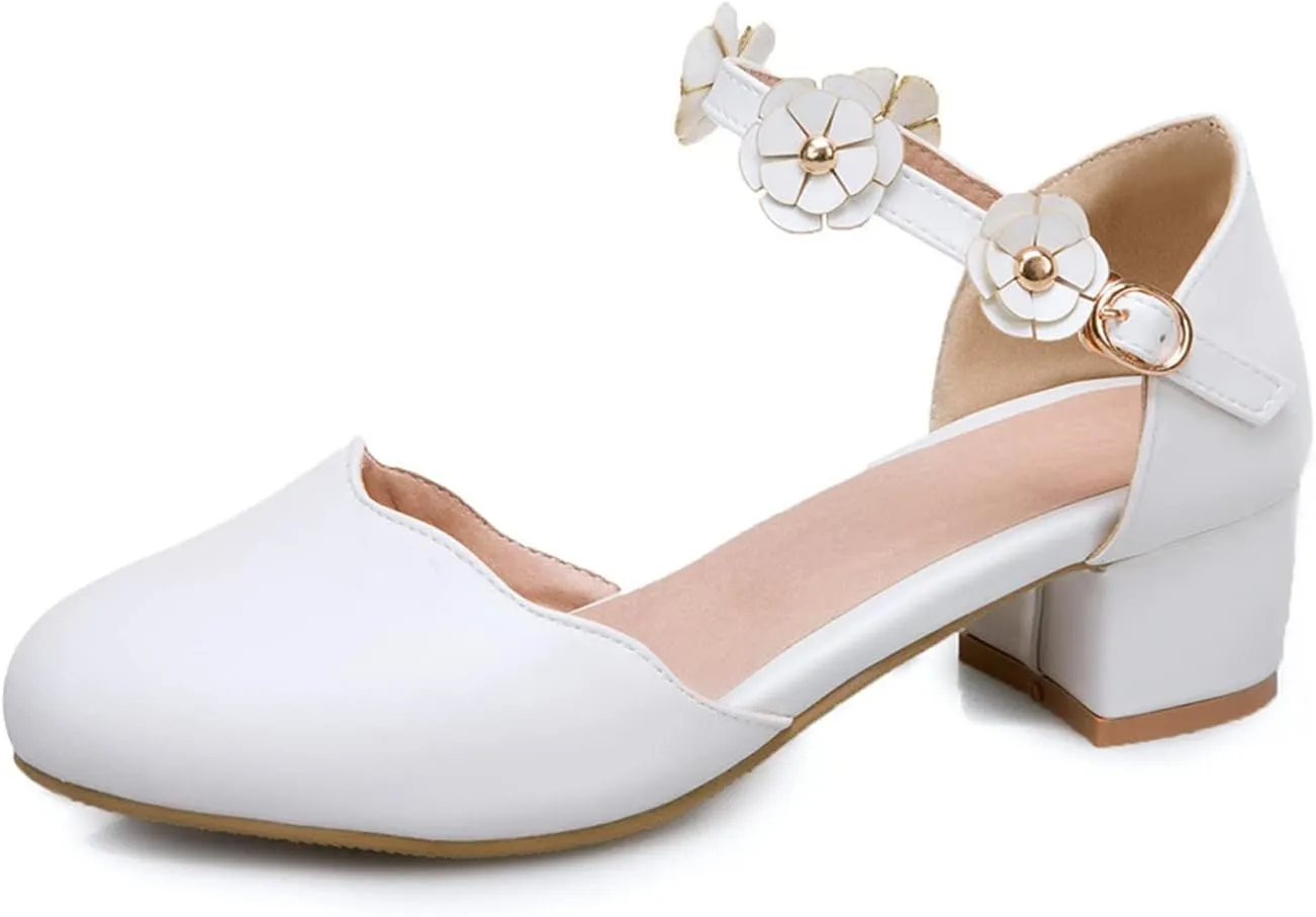 Big Kids Girls Mary Jane Dress Shoes Pumps Low Heels Flower High School Prom Shoes Pink Ballet Shoes