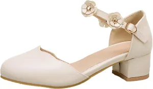 Big Kids Girls Mary Jane Dress Shoes Pumps Low Heels Flower High School Prom Shoes Pink Ballet Shoes