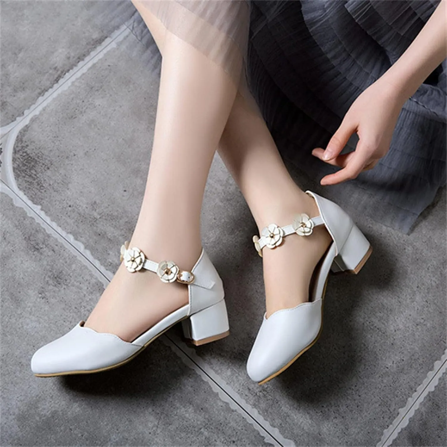 Big Kids Girls Mary Jane Dress Shoes Pumps Low Heels Flower High School Prom Shoes Pink Ballet Shoes