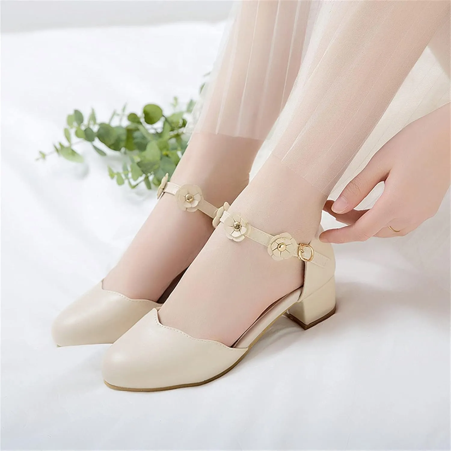 Big Kids Girls Mary Jane Dress Shoes Pumps Low Heels Flower High School Prom Shoes Pink Ballet Shoes