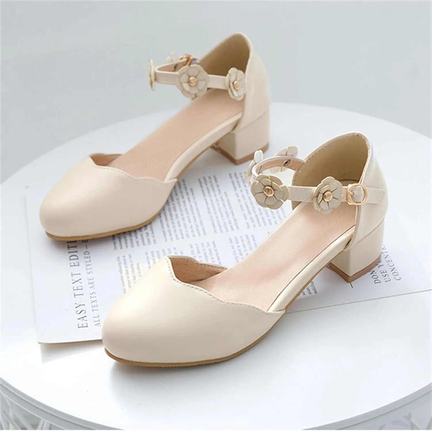 Big Kids Girls Mary Jane Dress Shoes Pumps Low Heels Flower High School Prom Shoes Pink Ballet Shoes