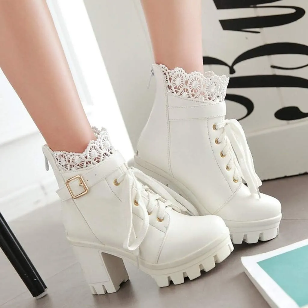 Boots for Women Women's Platform Combat Fashion Lace Leather Chunky Pump Ankle Booties Goth Lace Up High Heels Short Boots