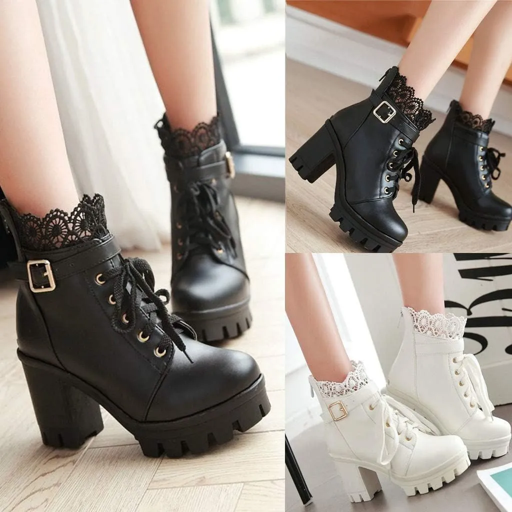 Boots for Women Women's Platform Combat Fashion Lace Leather Chunky Pump Ankle Booties Goth Lace Up High Heels Short Boots