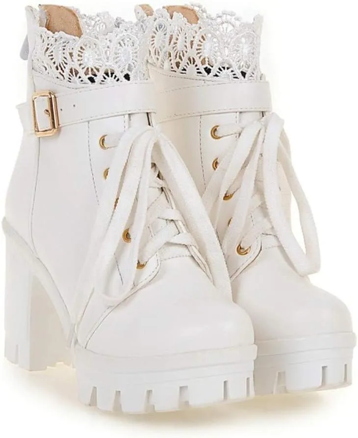 Boots for Women Women's Platform Combat Fashion Lace Leather Chunky Pump Ankle Booties Goth Lace Up High Heels Short Boots