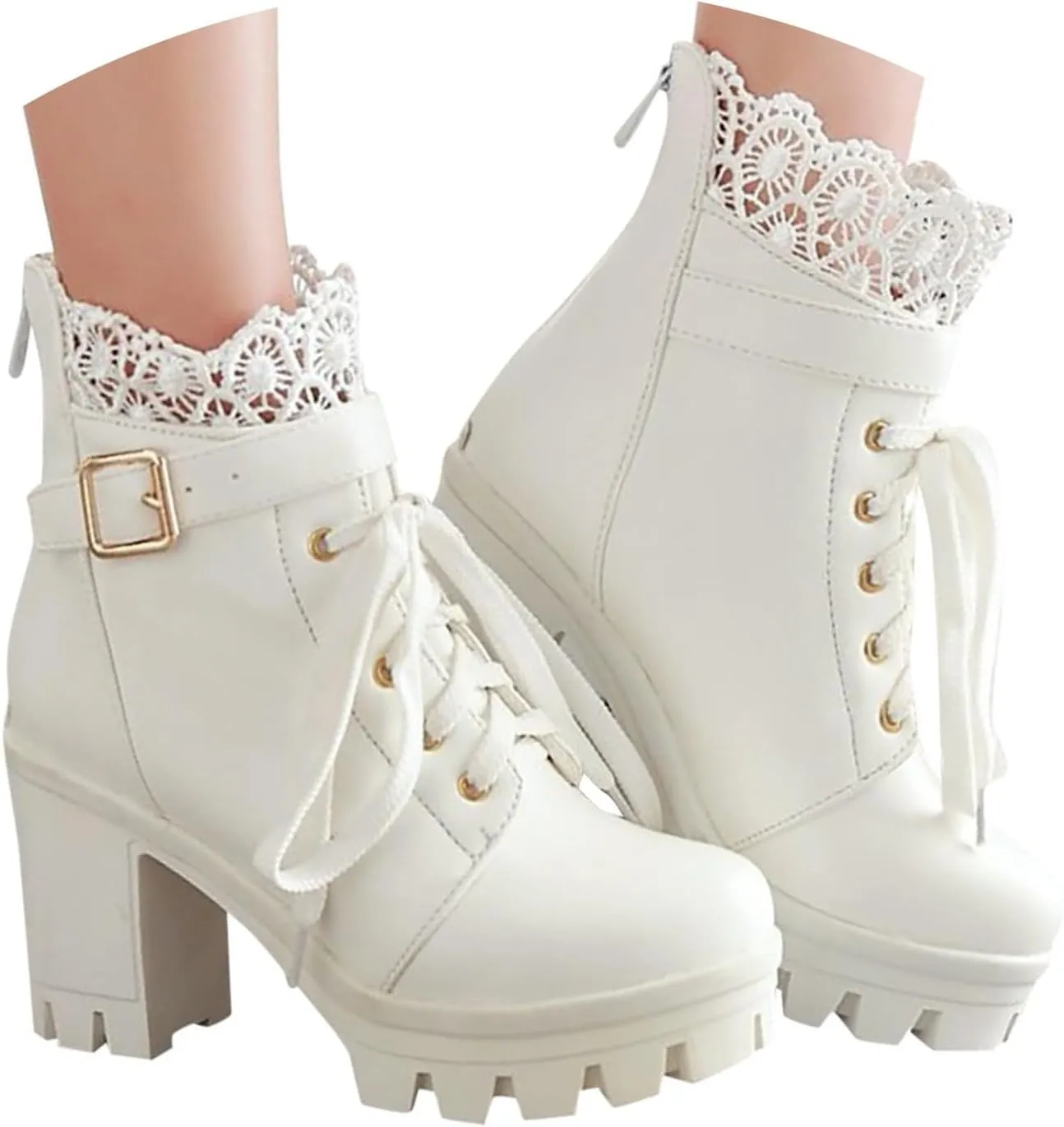 Boots for Women Women's Platform Combat Fashion Lace Leather Chunky Pump Ankle Booties Goth Lace Up High Heels Short Boots