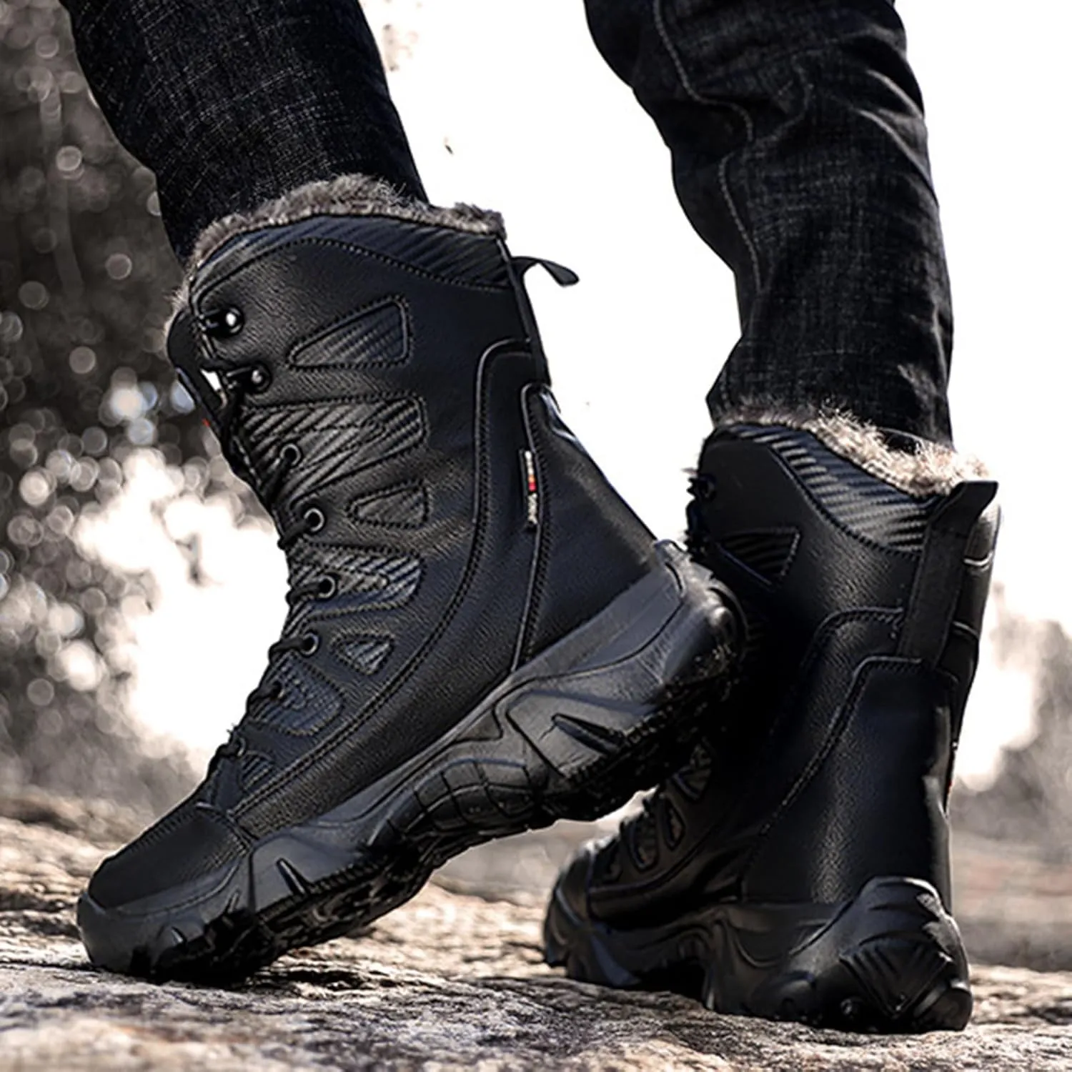 Casual Snow Boots for Men,High-Top Lightweight Camping Walking Winter Boots Men,Comfortable Durable Cold-Weather Warm Fur Lined Boots,Anti-Slip