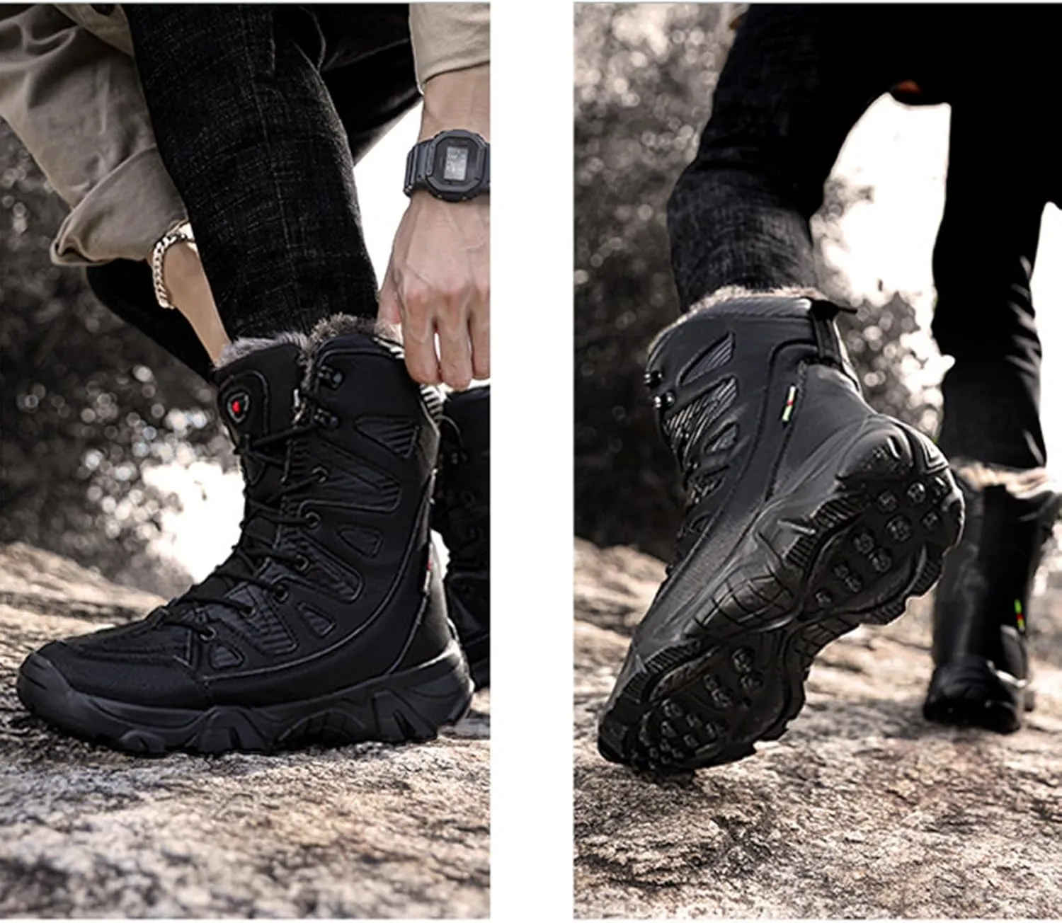 Casual Snow Boots for Men,High-Top Lightweight Camping Walking Winter Boots Men,Comfortable Durable Cold-Weather Warm Fur Lined Boots,Anti-Slip
