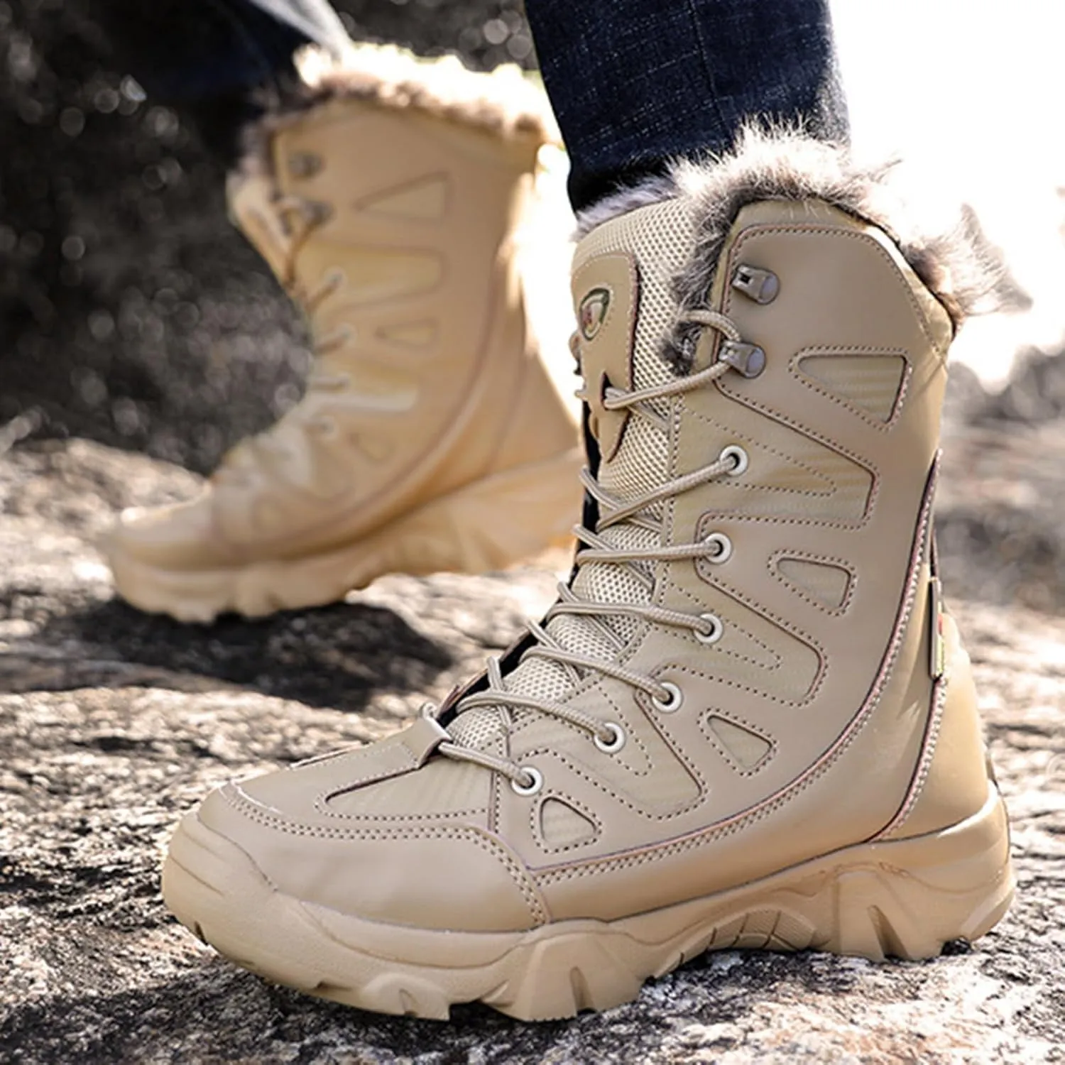 Casual Snow Boots for Men,High-Top Lightweight Camping Walking Winter Boots Men,Comfortable Durable Cold-Weather Warm Fur Lined Boots,Anti-Slip