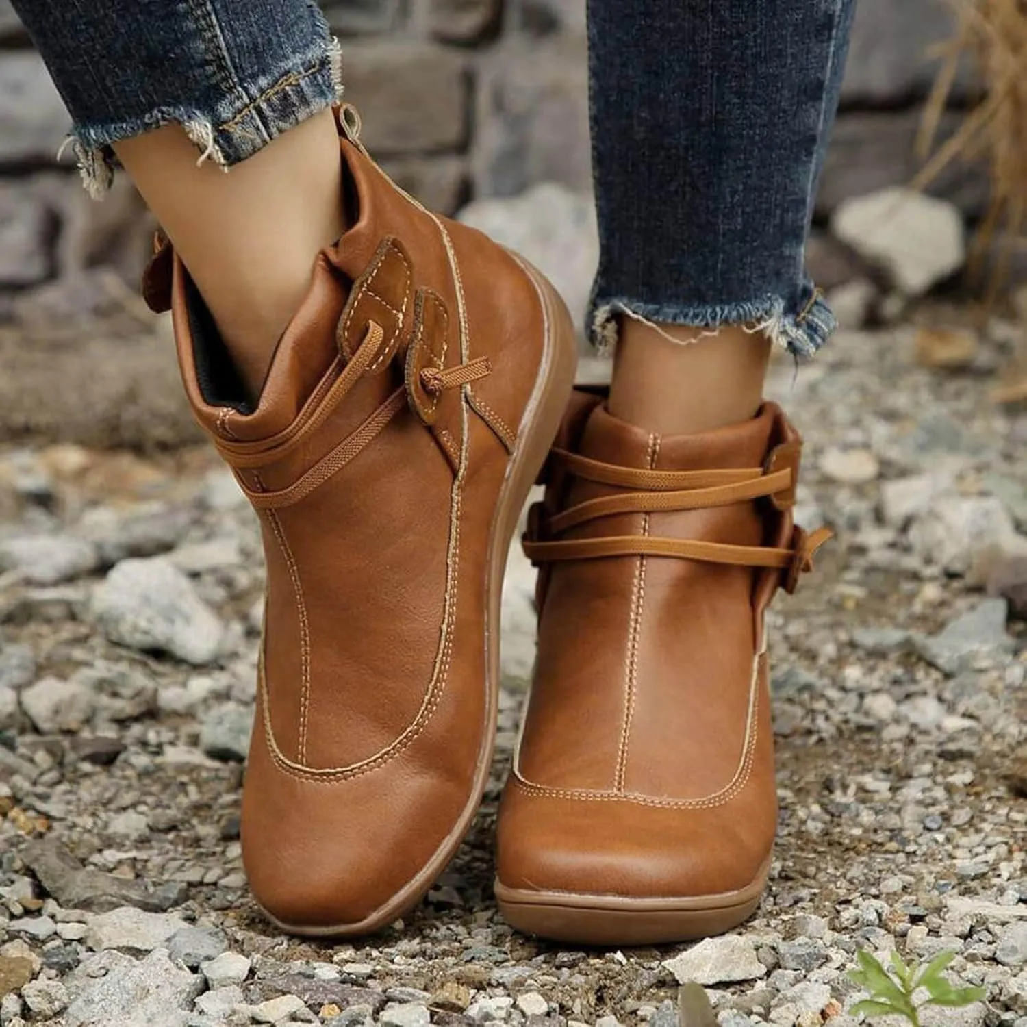 Cathalem Ankle Booties for Women, Premium Orthopedic Ankle Boots Arch Support Leather Comfortable Side Zip Wedge Booties