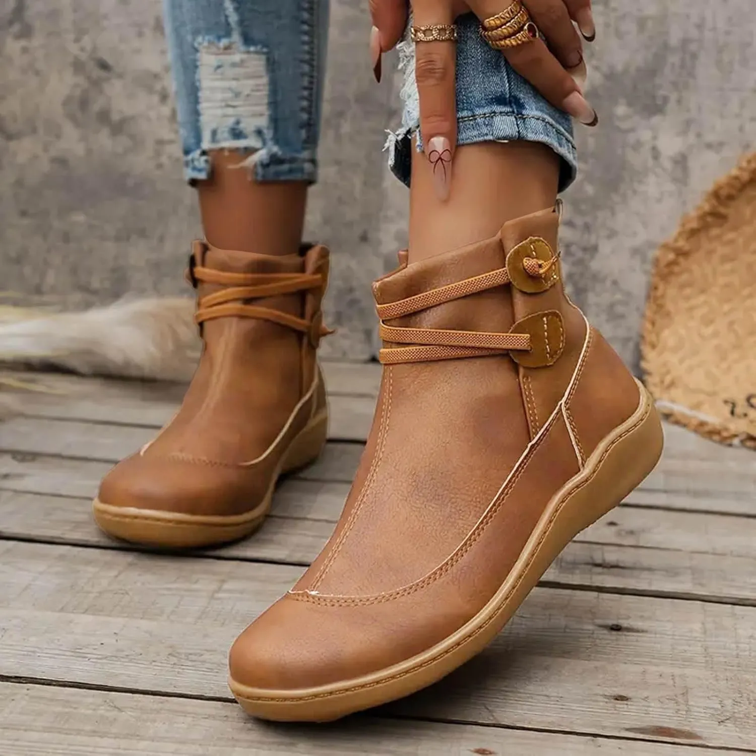Cathalem Ankle Booties for Women, Premium Orthopedic Ankle Boots Arch Support Leather Comfortable Side Zip Wedge Booties