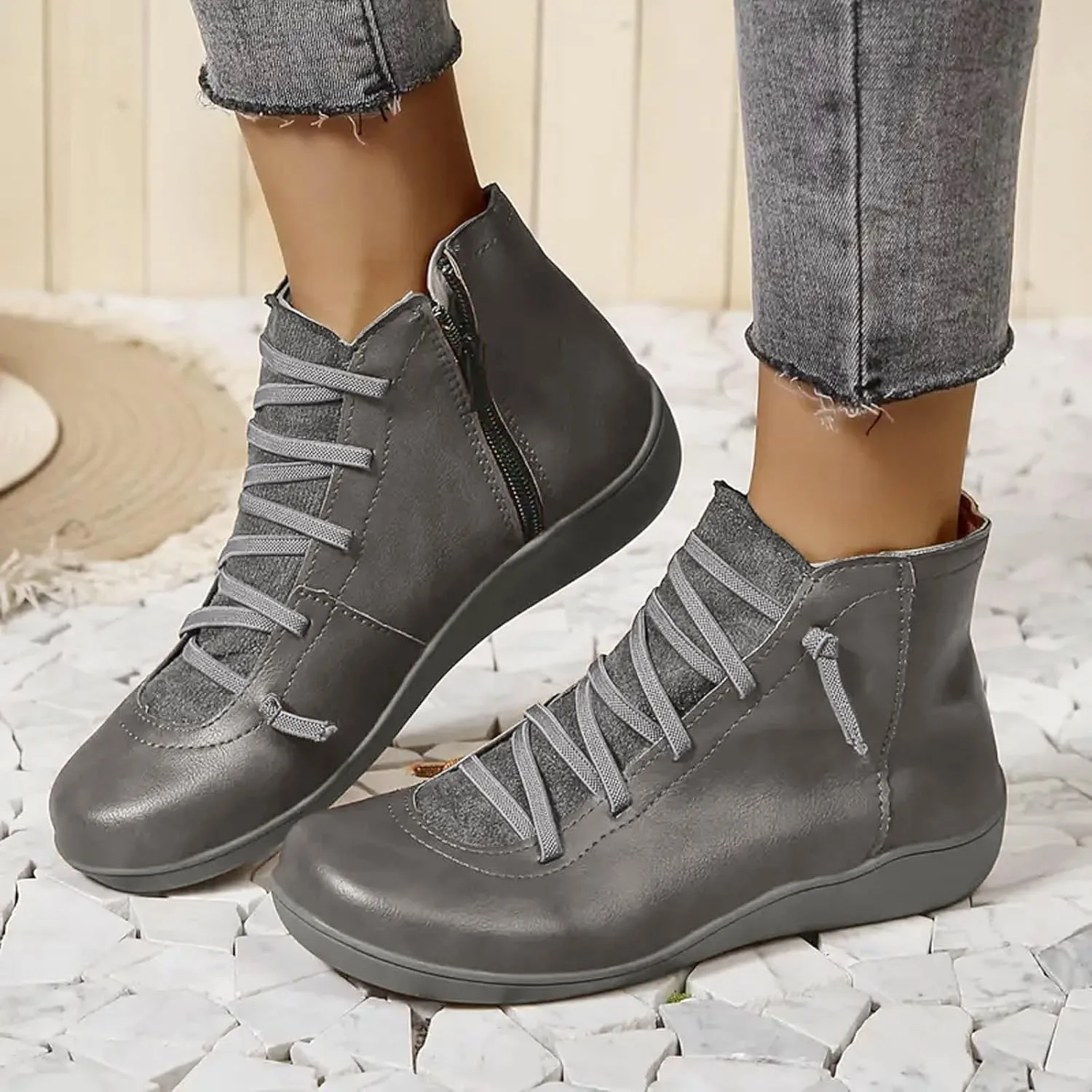 Cathalem Ankle Boots for Women Fall Arch Support Booties Side Zip-up Vintage Leather Damping Shoes Flat Heel Booties