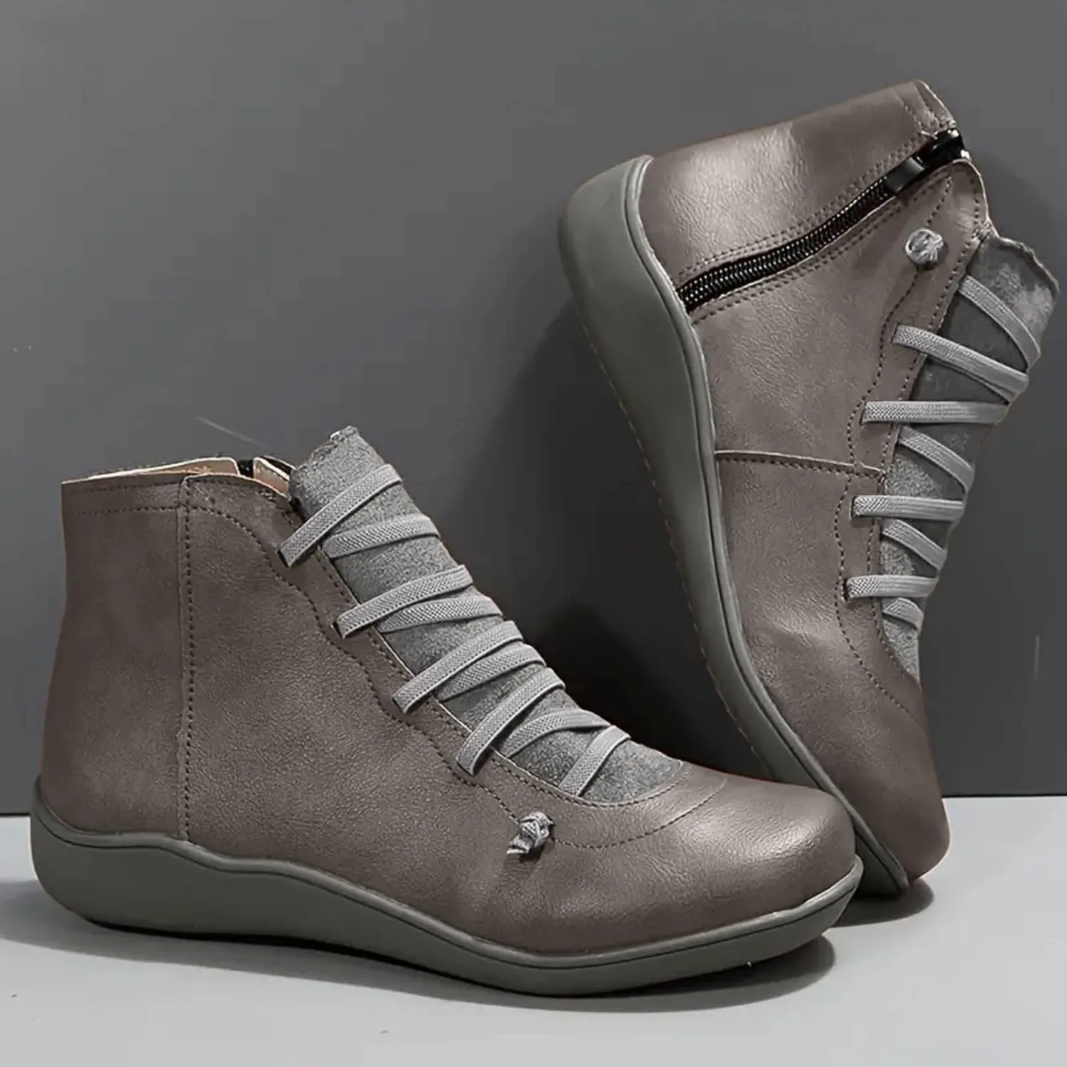 Cathalem Ankle Boots for Women Fall Arch Support Booties Side Zip-up Vintage Leather Damping Shoes Flat Heel Booties