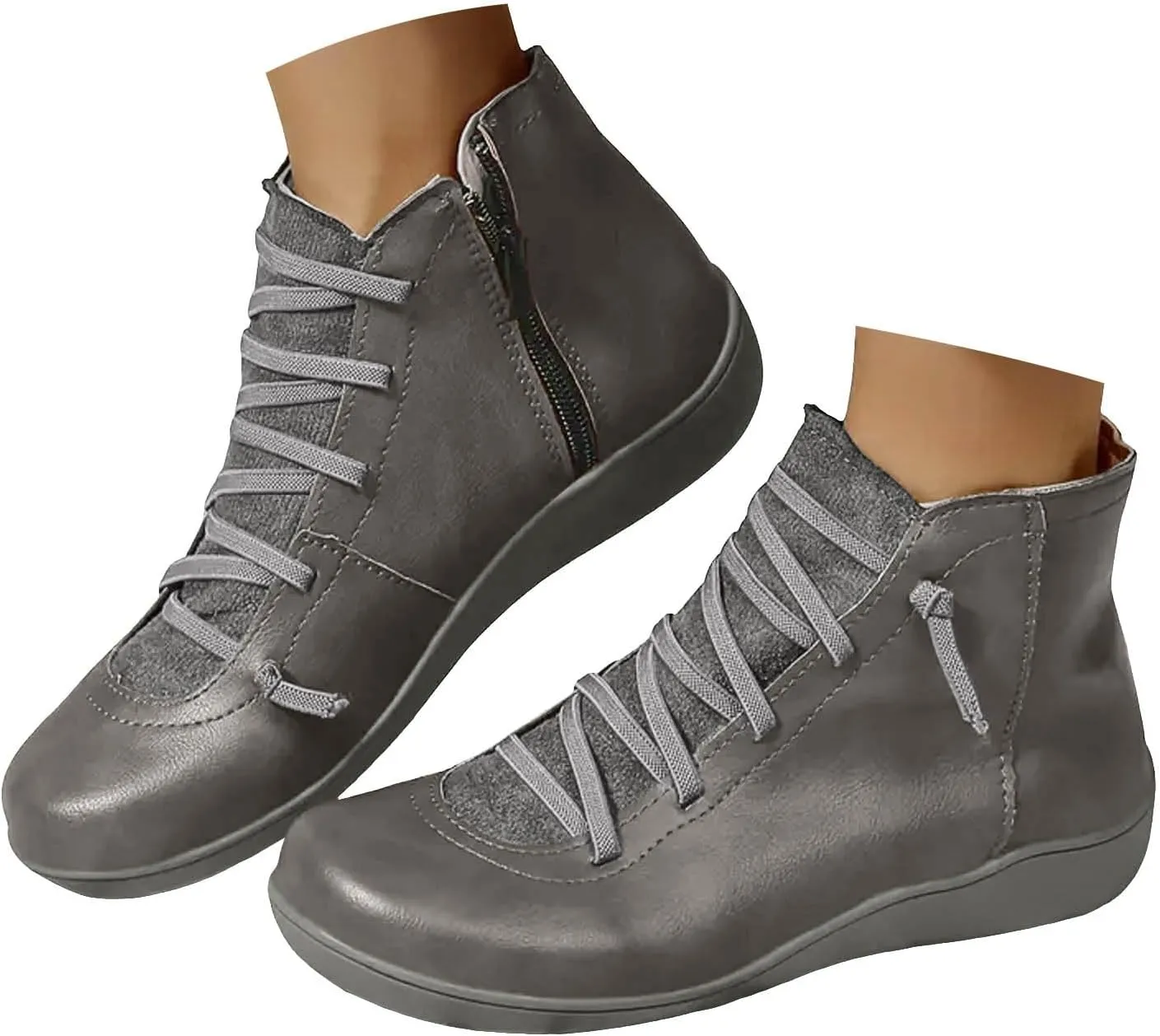 Cathalem Ankle Boots for Women Fall Arch Support Booties Side Zip-up Vintage Leather Damping Shoes Flat Heel Booties