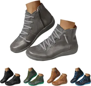 Cathalem Ankle Boots for Women Fall Arch Support Booties Side Zip-up Vintage Leather Damping Shoes Flat Heel Booties