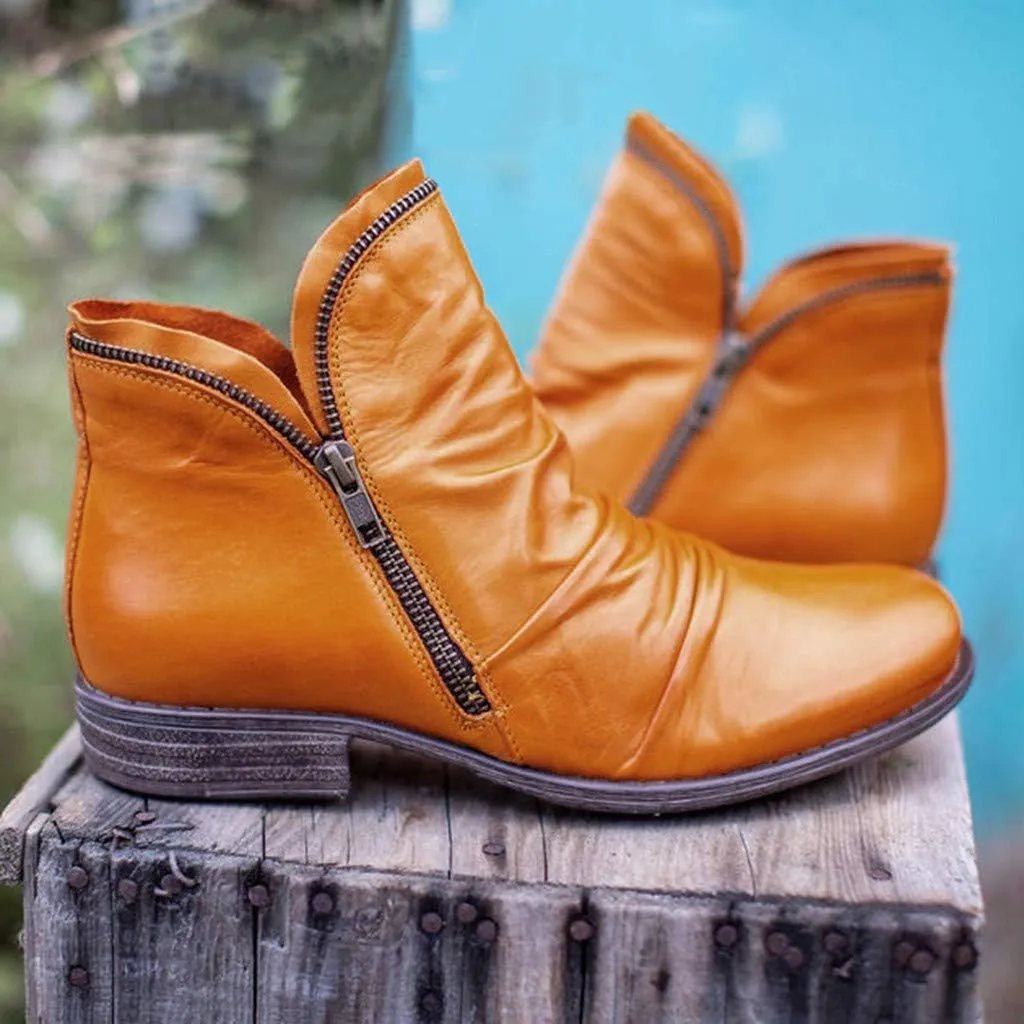Cathalem Ankle Boots for Women Low Heel Short Boots Retro Casual Zipper Womens Boots Side Zip-up Leather Damping Shoes
