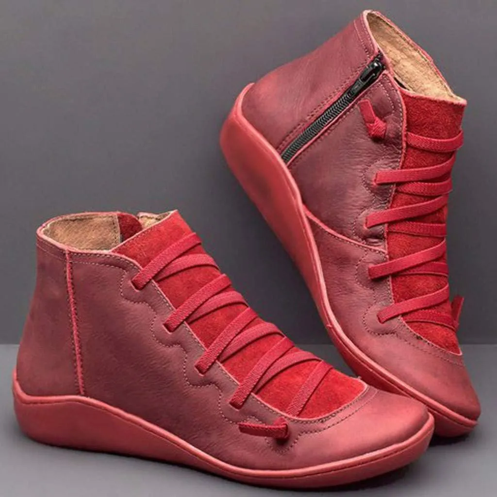 Cathalem Ankle Boots for Women Women's Arch Support Fashion Lace up Side Zip Vintage Booties Flat Heel Leather Damping Shoes