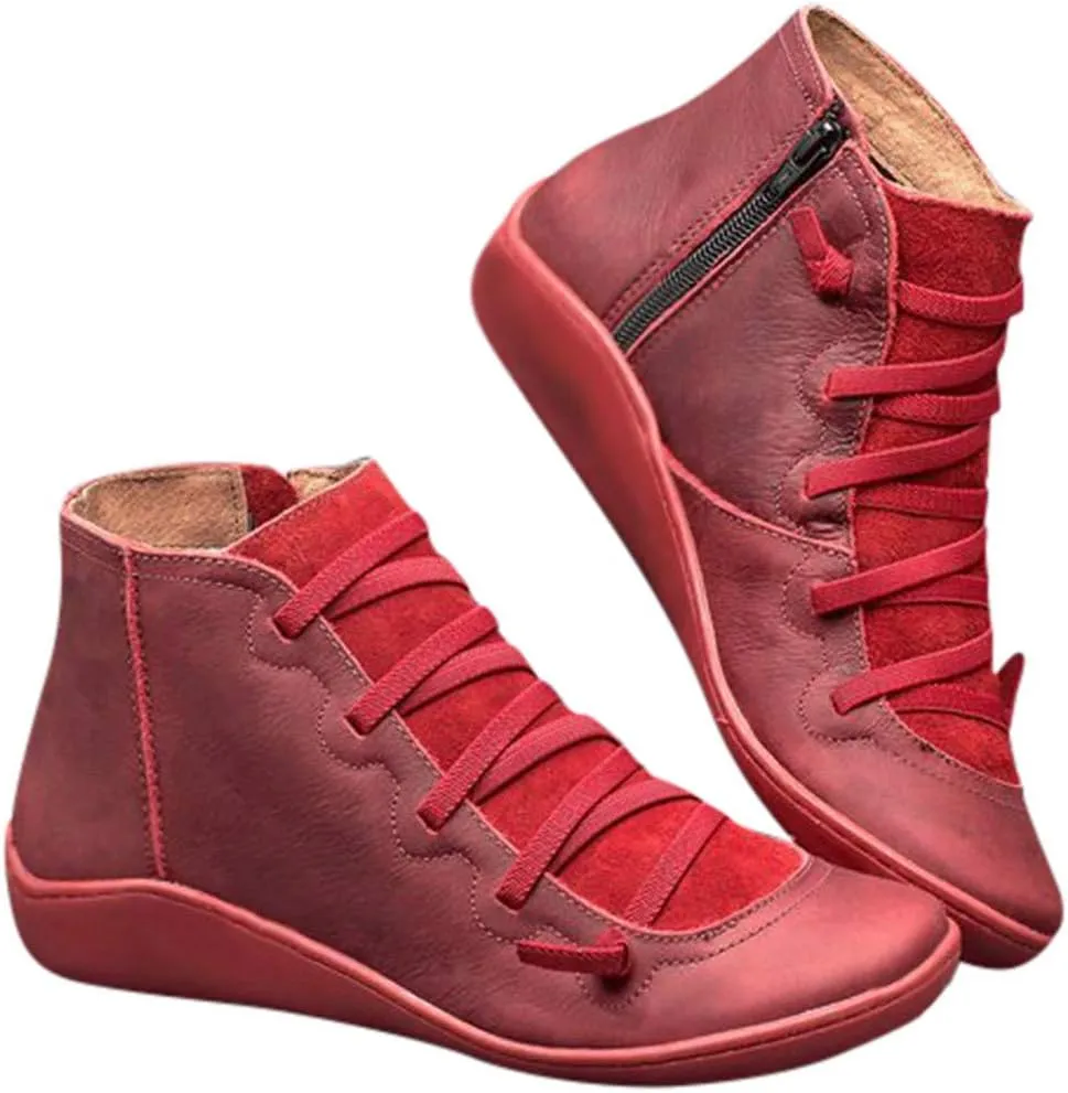 Cathalem Ankle Boots for Women Women's Arch Support Fashion Lace up Side Zip Vintage Booties Flat Heel Leather Damping Shoes