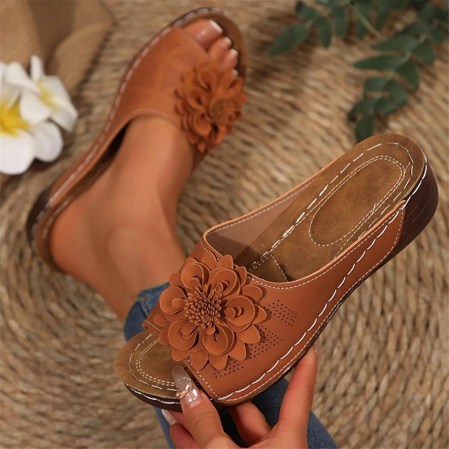 Chic Flowers Orthopedic Sandals for Women Arch Support Fish Mouth Open Toe Leather Slippers Wedge Platform Sandal