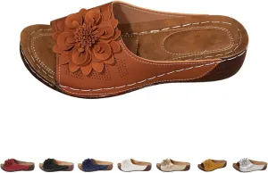 Chic Flowers Orthopedic Sandals for Women Arch Support Fish Mouth Open Toe Leather Slippers Wedge Platform Sandal
