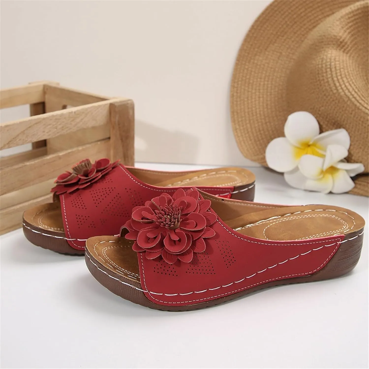 Chic Flowers Orthopedic Sandals for Women Arch Support Fish Mouth Open Toe Leather Slippers Wedge Platform Sandal