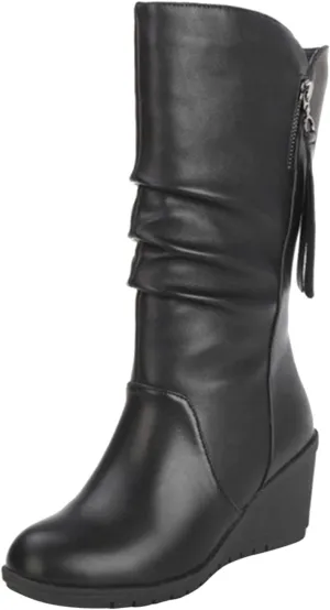 Combat Boots Womens Leather Round Toe Boots Fashion Mid Calf Wedge Boots Ladies High Heel Fall Winter Dress Shoes