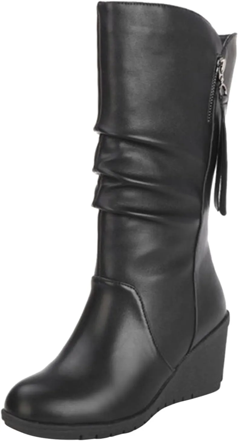 Combat Boots Womens Leather Round Toe Boots Fashion Mid Calf Wedge Boots Ladies High Heel Fall Winter Dress Shoes