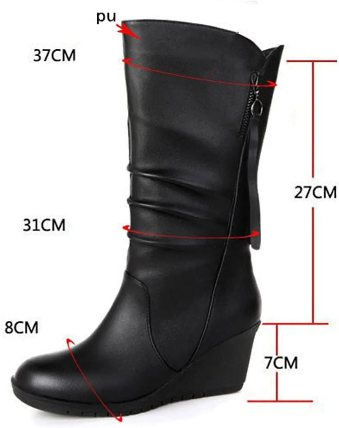 Combat Boots Womens Leather Round Toe Boots Fashion Mid Calf Wedge Boots Ladies High Heel Fall Winter Dress Shoes