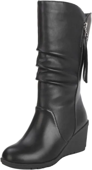 Combat Boots Womens Leather Round Toe Boots Fashion Mid Calf Wedge Boots Ladies High Heel Fall Winter Dress Shoes